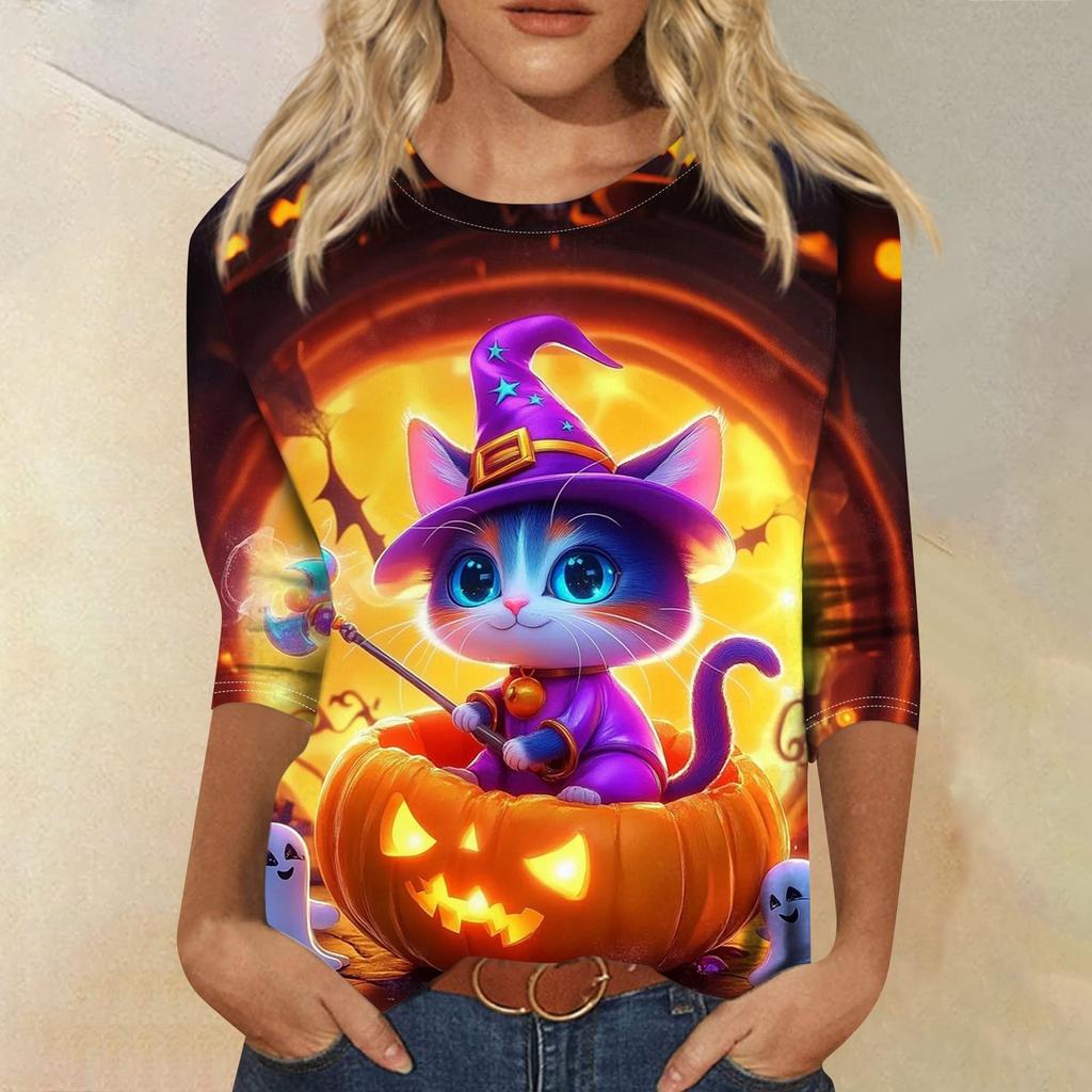 Dámské módní ležérní top s tříčtvrtečním rukávem a halloweenským potiskem, kulatý výstřih