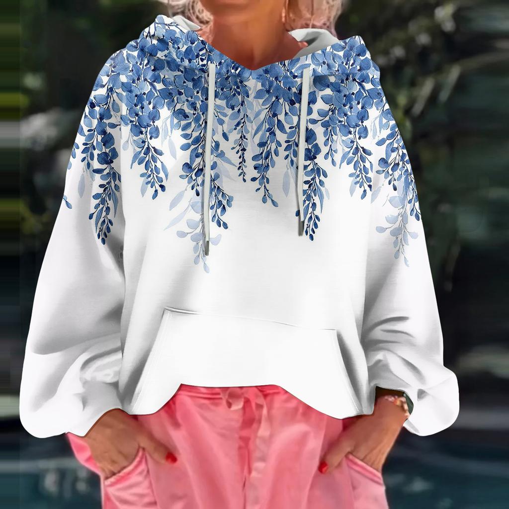 Women's Floral Print Loose Casual Long Sleeved Hooded Sweatshirt