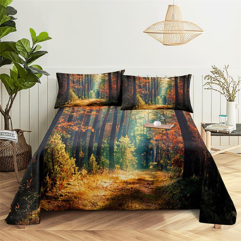 Bedding Sets Green Forest Print Bed Sheet Fashion Design Double Flat Sheet Boys Girls Bed Sheet Set Bed Sheets and Pillowcases