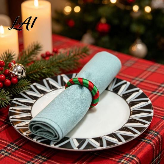 Holiday Table Decor Christmas Red Green Striped Napkin Rings Handwoven Fabric Holder Festive Dining Accessories for Setting Party Dinners And Hotel