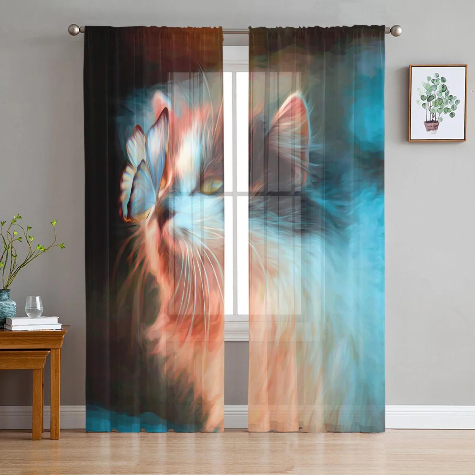 

Cat Cartoon Cute Umbrella Curtain Living Room Bedroom Voile Drape Kitchen Window Tulle Curtains Home Essentials Sheer Polyester Ideal For Great W100*H130(CM)-Grommet top&2PCS