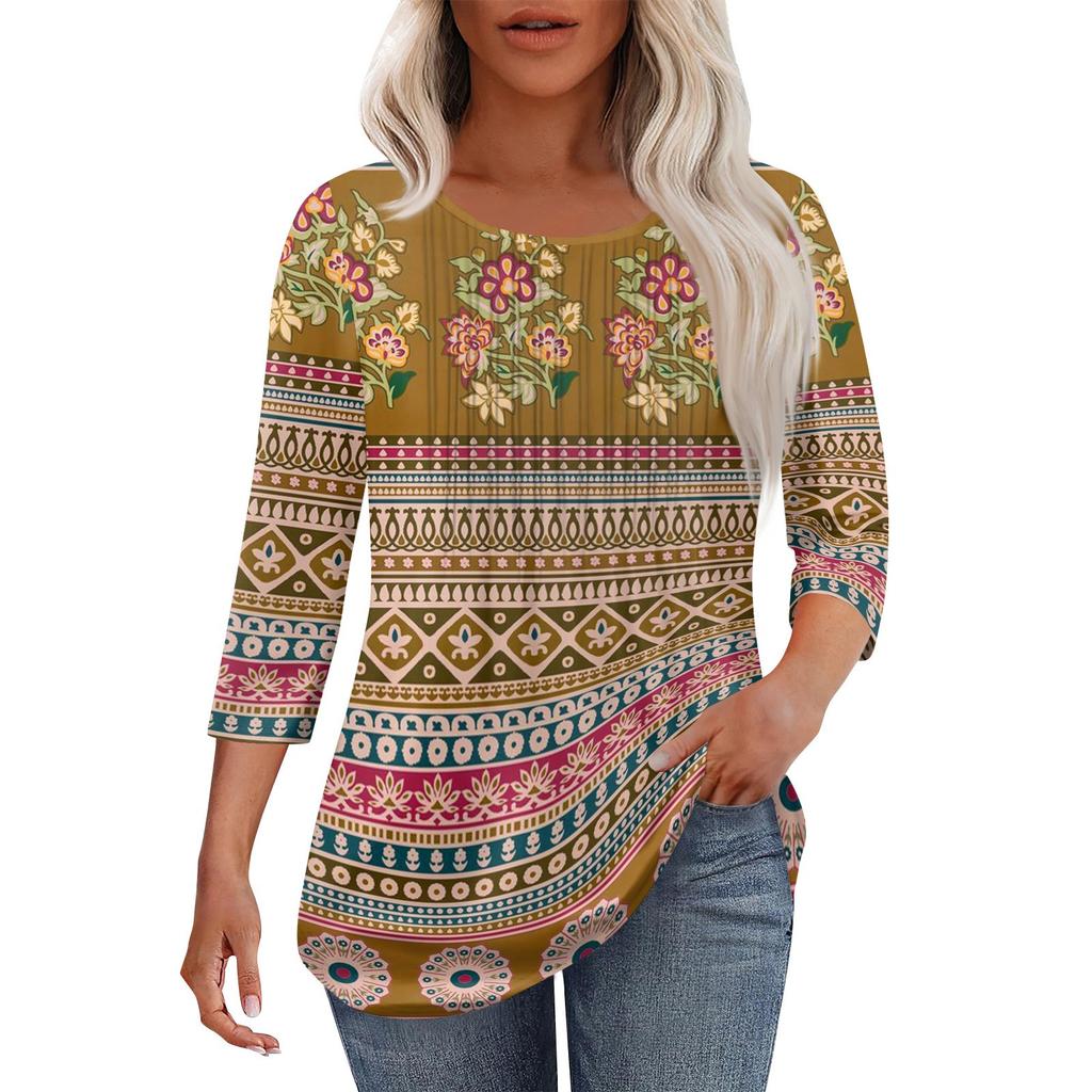 Women's Fashionable Casual Pleated Round Neck Casual Floral Print Seven Quarter Sleeved T-shirt Top