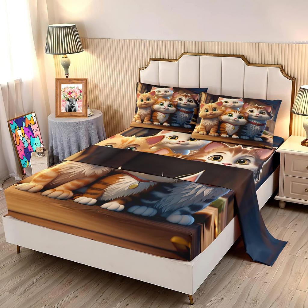 Cute cartoon cat family pattern mattress four-piece bedding set bedroom dormitory bedding set
