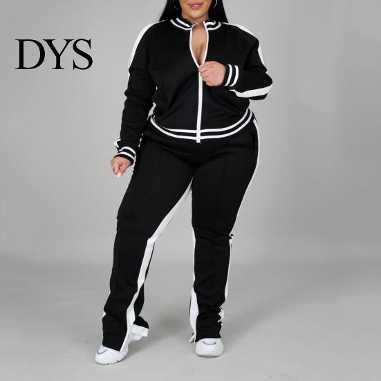 Dames Effen Kleur Casual Outfit 2 Delen/Set Joggingpak Grote Maten Ritssluiting Lange Mouwen Dagelijkse Kleding Tweekleurig Trainingspak met Broek