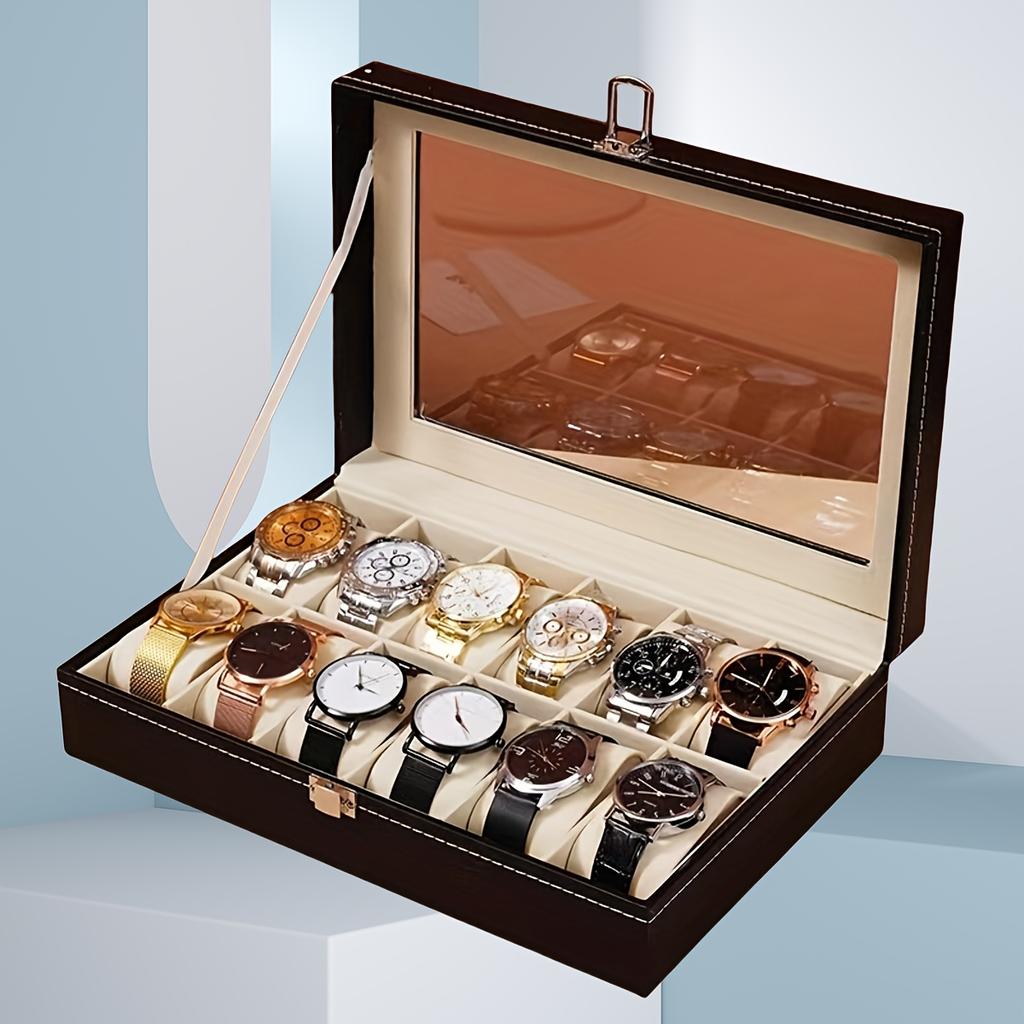 High-Value Faux Leather 12-Position Watch Storage Box Wristwatch Window Display Large Capacity with Lid Watch Box