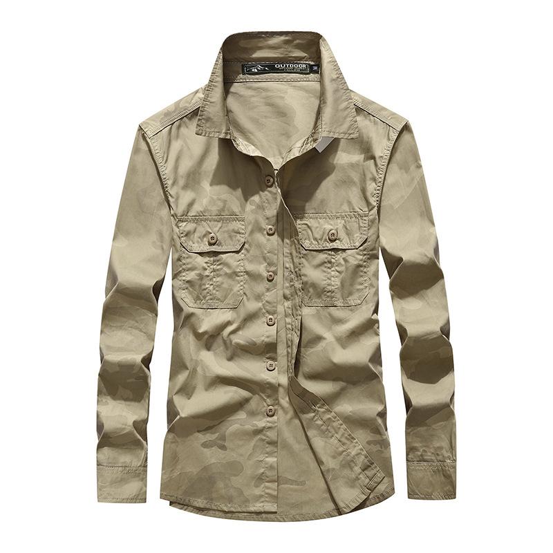 Camouflage Spring and Autumn Pure Cotton Long Sleeved Shirt for Men, Middle-aged and Young People, Casual Shirt Workwear, Military Shirt