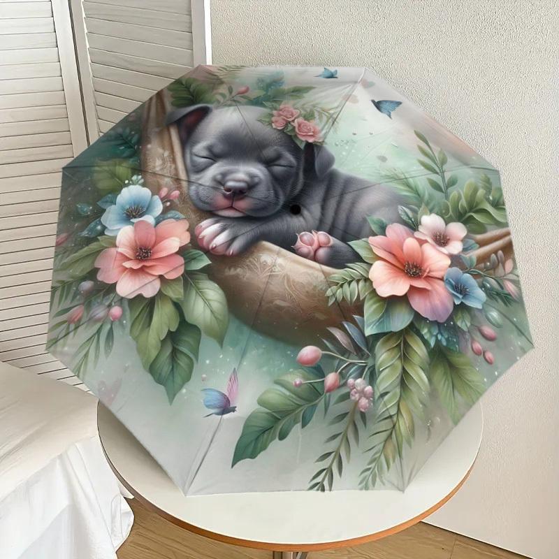 1PC Puppy Flowers Umbrella-8-Rib Reinforced, Automatic Open, Lightweight & Durable, Fashion Accessory for Outdoor-L0371
