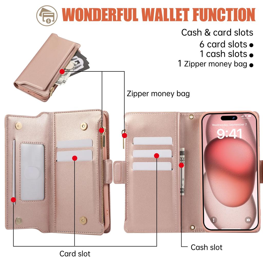 Crossbody Cards Solt Wallet Zipper Leather 2 In 1 Detachable Case For iPhone 15 Pro Max 16 14 Plus 13 12 11 Wireless Charging