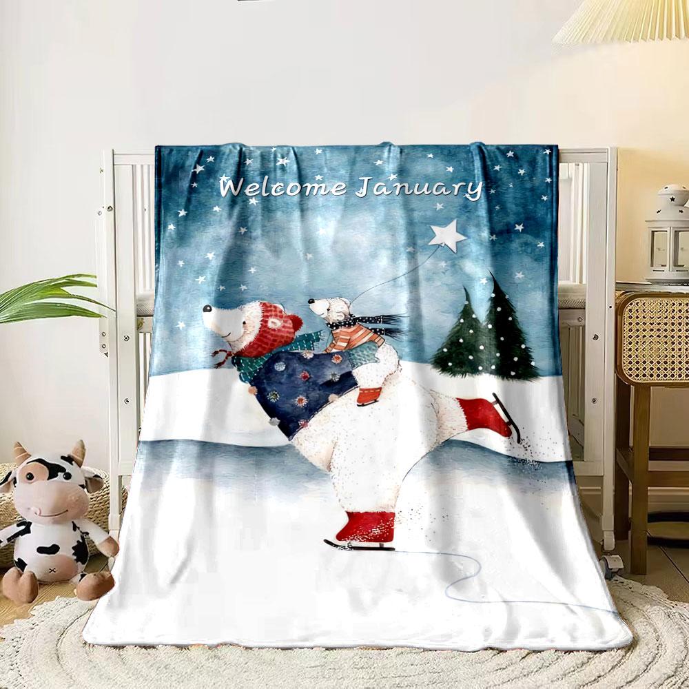 Two skating polar bears in winter attire, with stars and snowy trees. for all seasons blanket lunch break throw gift 80cm x 120cm