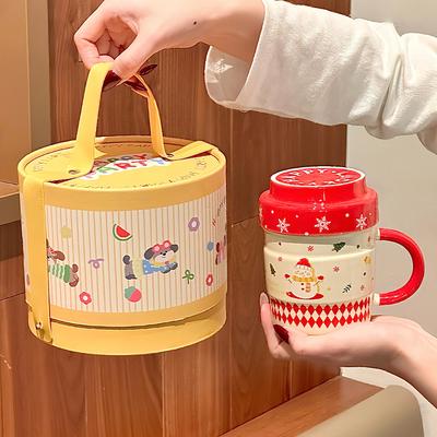 Weihnachtsgeschenk niedliche Cartoon-Keramiktasse mit Deckel für Mädchen Geburtstagsgeschenk Kinder praktisches Geschenkbox