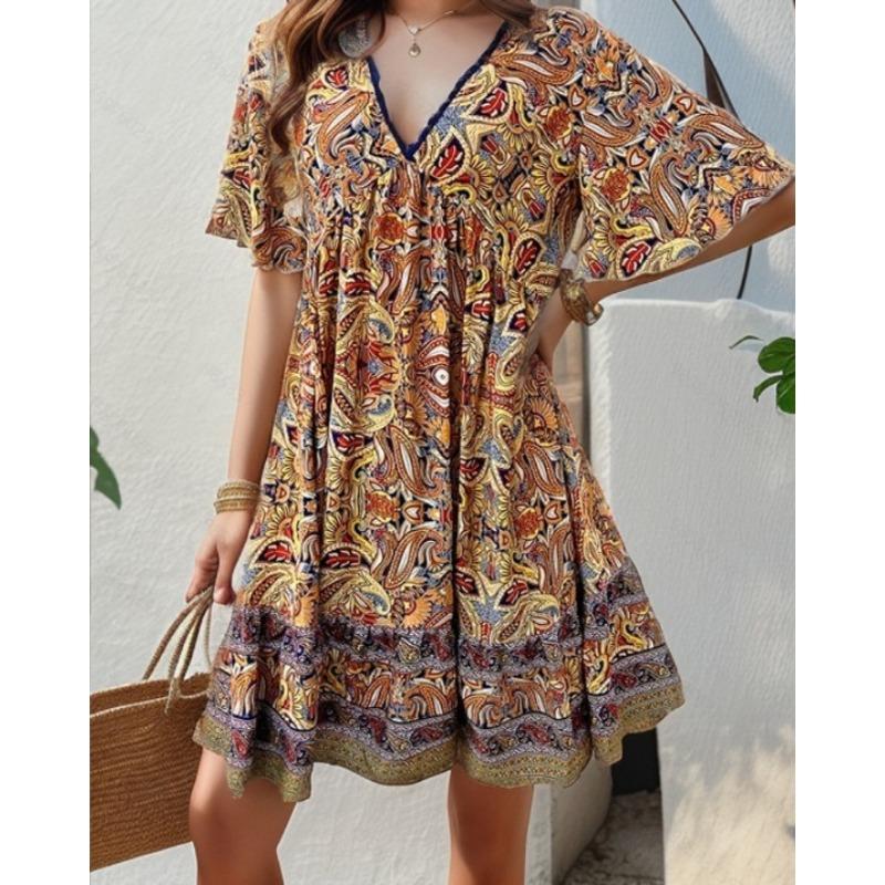 JKASHDK Robe décontractée à manches courtes et col en V pour femme, motif floral, mode été printemps, imprimé, taille ample