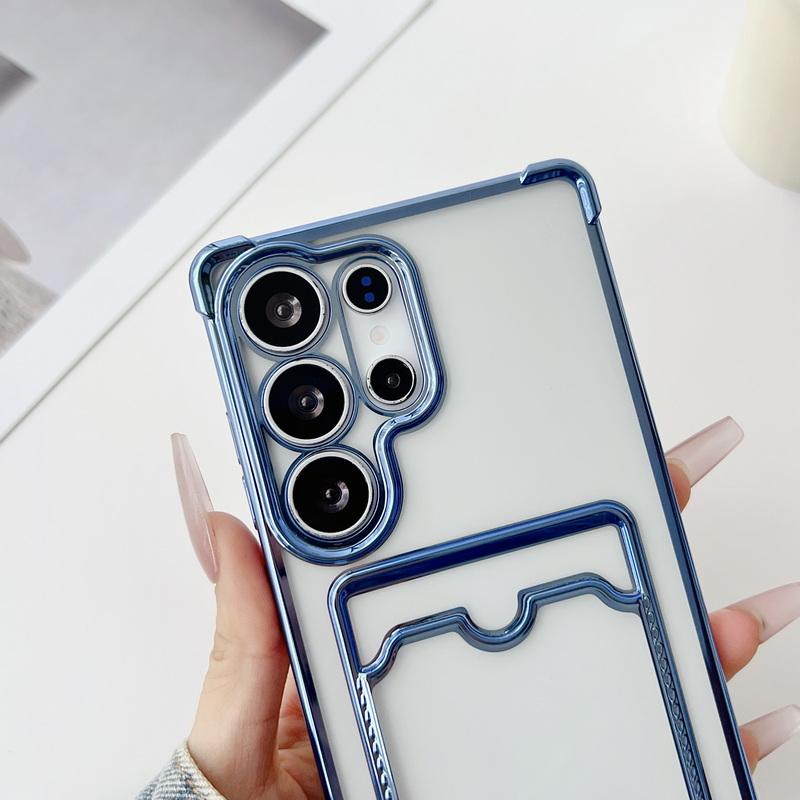 Plating Card Slot Clear Case Shell For Samsung S25 Edge S24 FE S23 Ultra S22 A56 A36 A55 A26 A16 Soft Silicone Shockproof Transparent Phone Cover