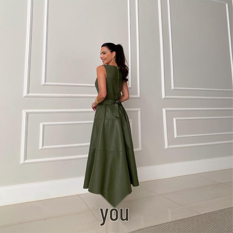2025 Spring Sleeveless Slim Leather Belted Dress