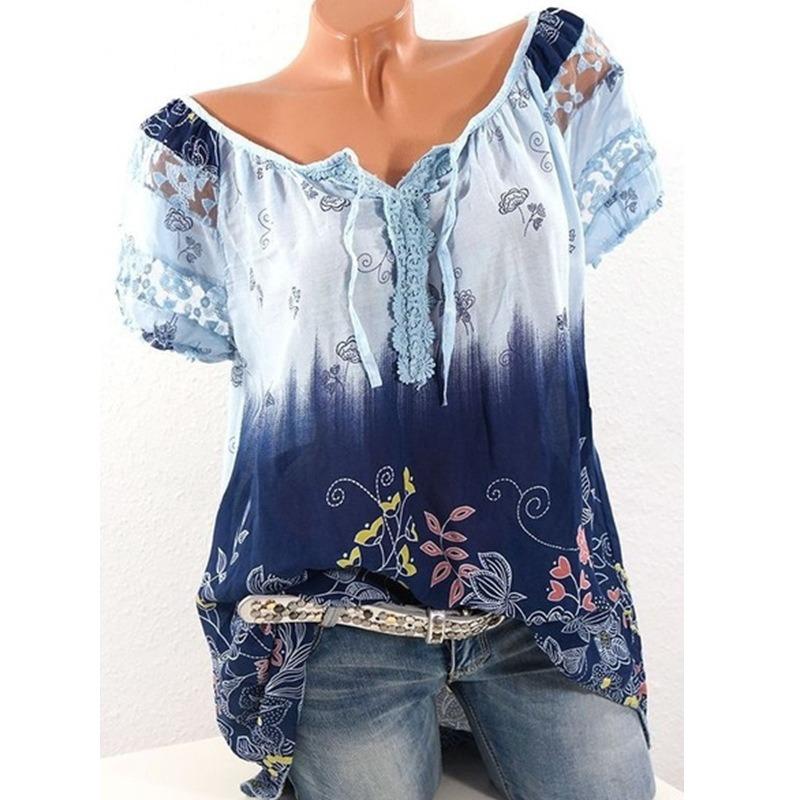 Ladies Summer Tops V-Neck Printed Lace Lace Short Sleeve T-Shirt