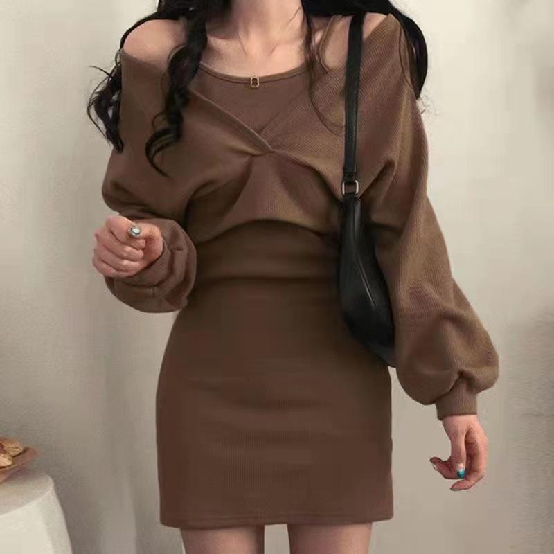 Women's French Velvet Camisole Dress & Long Sleeve T-shirt Set - Slim Fit, Solid Color