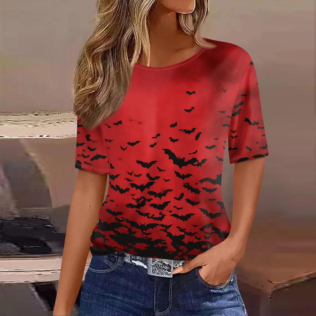 Womens Casual Short Sleeve Pullover Top Halloween Ghost Print Round Neck Relaxed Fit Tee Shirt