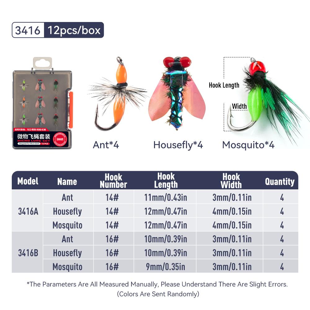 Kingdom MICRO FLY LURE SET 12pcs/box Flying Bait Hooks Stream Shallow Water Bionic Bait