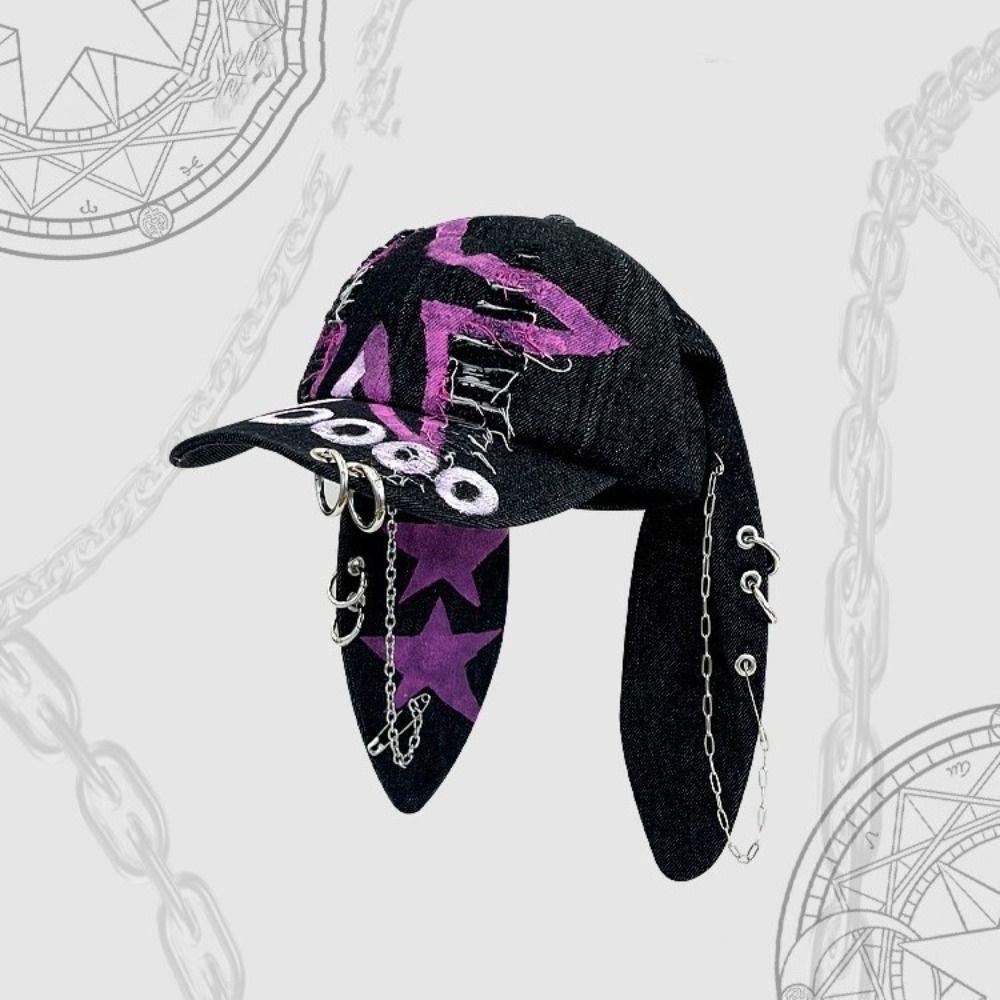 Ripped Design Rabbit Ears Baseball Cap Dark Color Y2k Trend Cap Metal Ring Cap Fashion Statement