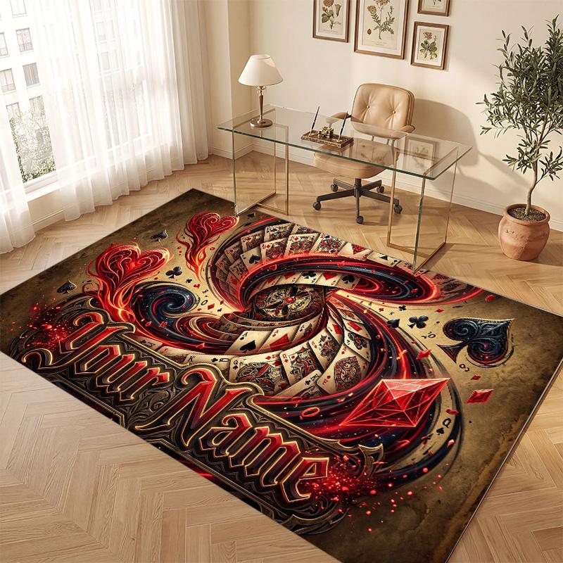 Cards Casino Theme Soft Crystal Velvet Rug Custom Name & Text Print Non Slip Floor Rug for Bedroom Living Room