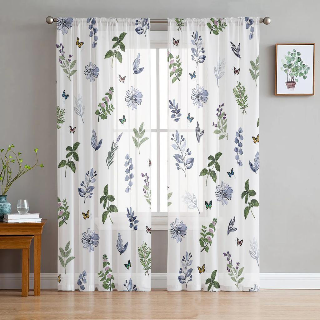 Gänseblümchen Lavendel Schmetterling Transparente Vorhänge zur Wohnzimmerdekoration Fenstervorhang Küche Tüll Voile Organza Drapierungen