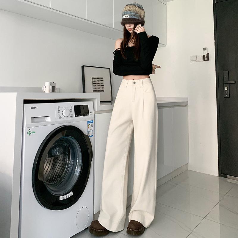 

Women s White High-Waisted Fleece-Lined Wide-Leg Jeans - Loose, Drapey, Floor-Length Pants for Spring & Autumn 2025 Small