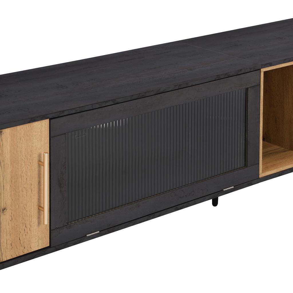 TV Schrank Lowboard 200cm, Modernes TV Board TV-ständer Riffelglastür, Offenes Staufach, Schlichtes Fernsehtisch HiFi-Schrank Holzfarbe & Grau