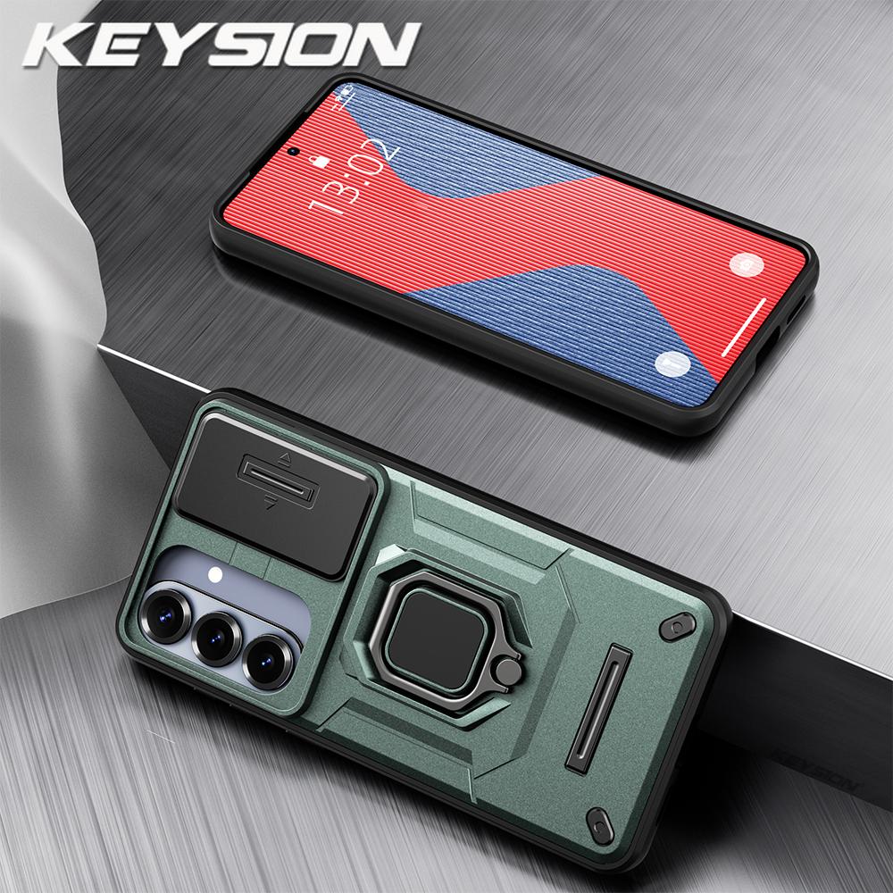 KEYSION Shockproof Armor Case for Samsung S26 Ultra 5G Slide Camera Lens Protection Ring Stand Phone Cover for Galaxy S26+ Plus