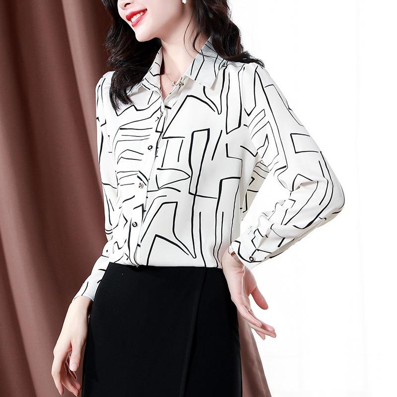 Damen Frühlings Weiß Schwarz Geometrischer Druck Hemd Revers Langarm Satin Arbeits Oberteil