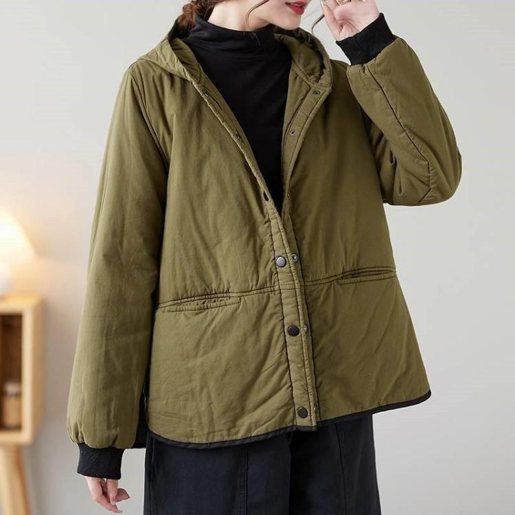 Korean Vintage Winter Coat for Women Hooded Long Sleeves Single Breasted Solid Color Outerwear Casual Johnature
