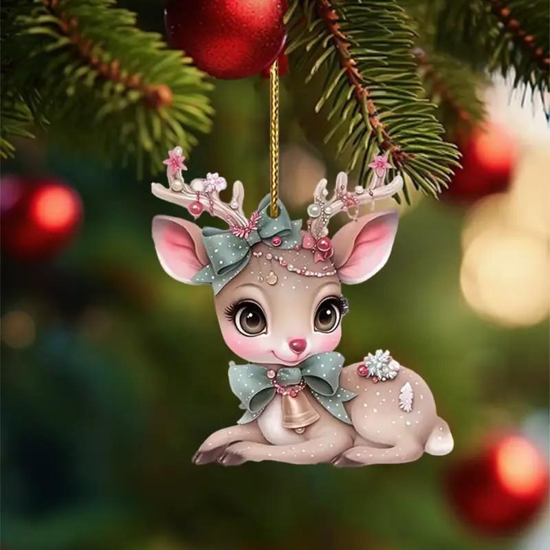 Christmas Acrylic Car Pendant With Butterfly Knot Bell Print Deer For Decor