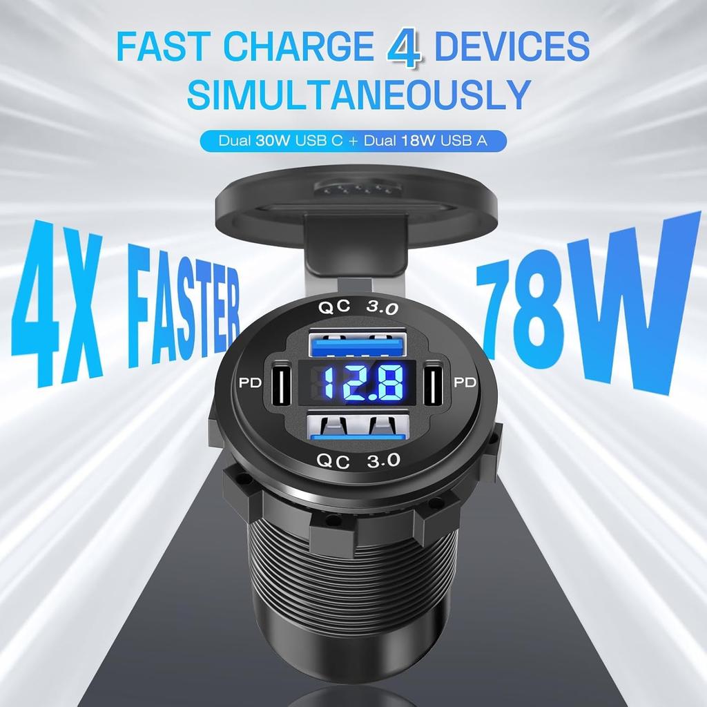 2Pcs 12V/24V Outlet With Voltmeter, Quick Charge 3.0 Dual USB Power Outlet, Waterproof Fast Charge USB Charger Socket DIY Kit For Car Boat Marine (2