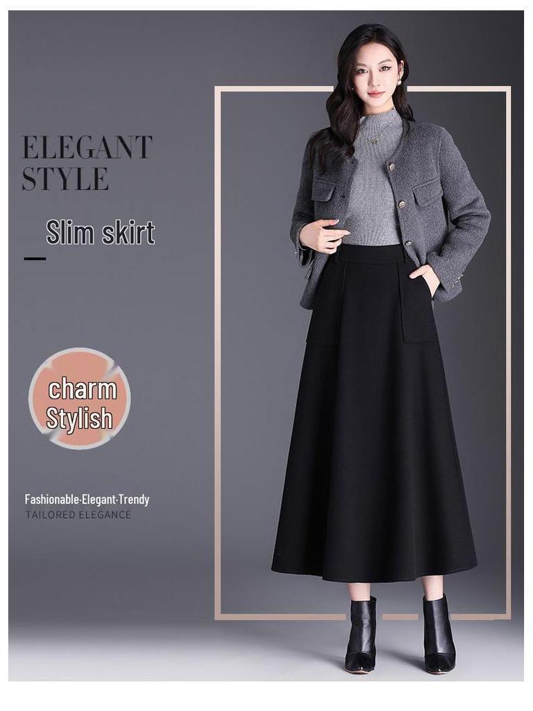 High-Waisted Wool A-Line Midi Skirt with Pockets for Autumn and Winter