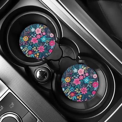2PCS Car Coasters, Floral Car Coasters for Beverages, Cute Car Accessories, Unisex GM Interior