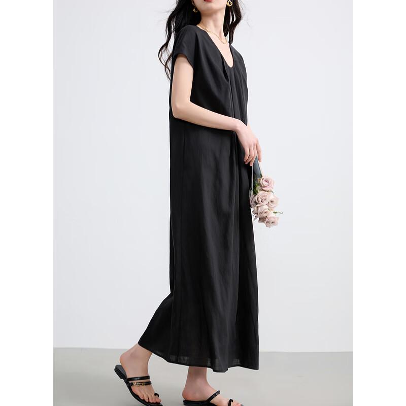Sancai 2025 Summer Lyocell Loose A-Line U-Neck Maxi Dress