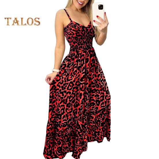 Damska sukienka na ramiączkach Wzór w cętki Głęboki dekolt w kształcie litery V Bez rękawów Obcisła, wysoka talia Dopasowane kolorystycznie Bez pleców Duży brzeg Wakacyjna plażowa sukienka maxi