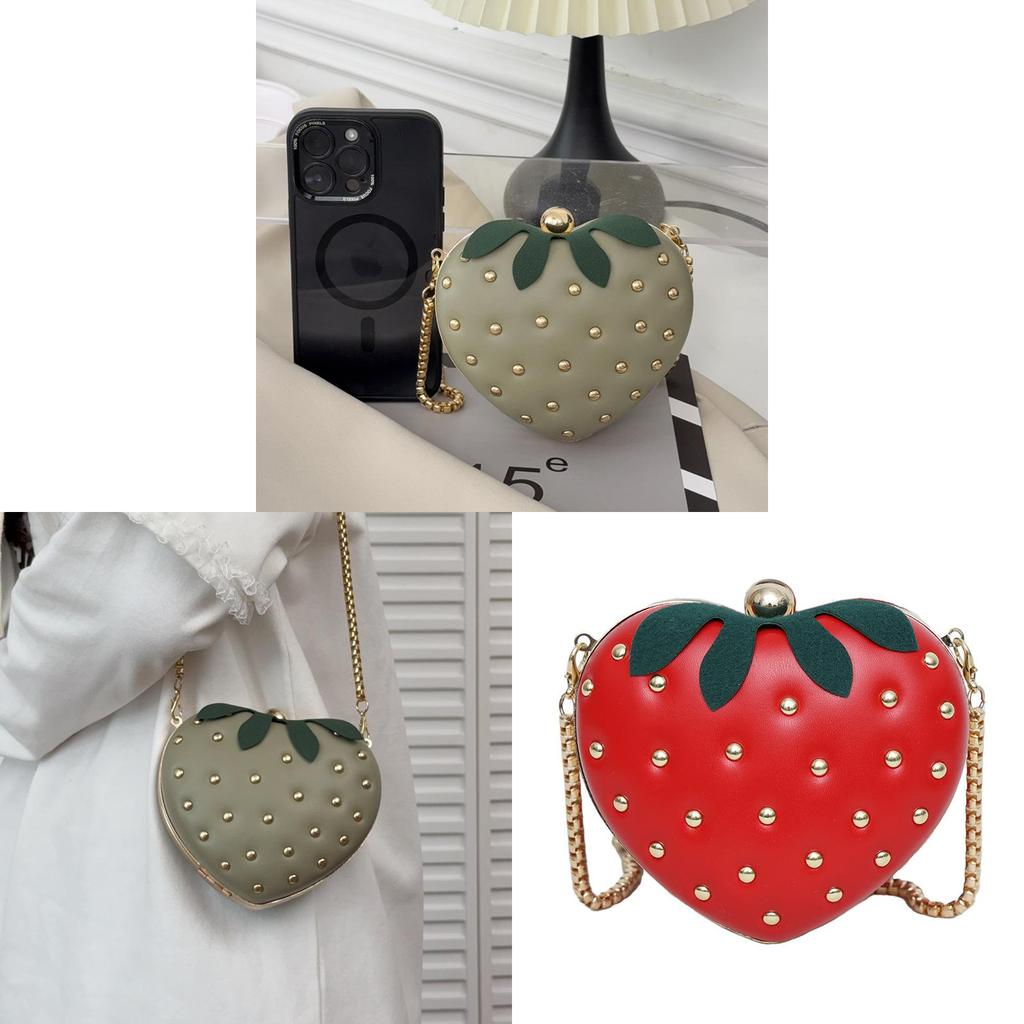 Strawberry Bag Small Heart Shape Pu With Rivets For Street Style Fashion