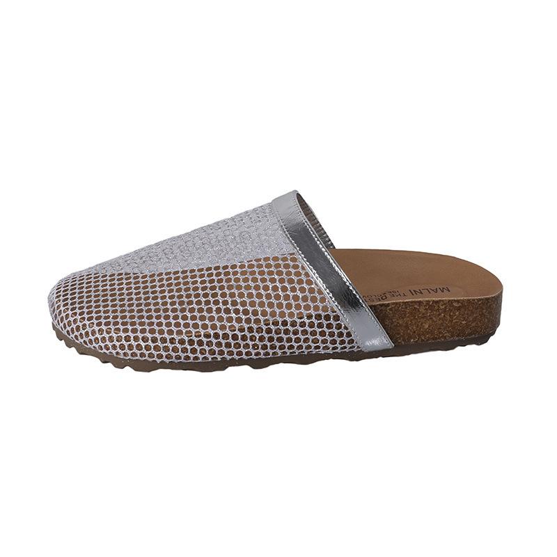 Rhinestone fishing net hollow fashionable slippers 2025 new summer fashion outer wear one pedal thick-soled bag head half slippers