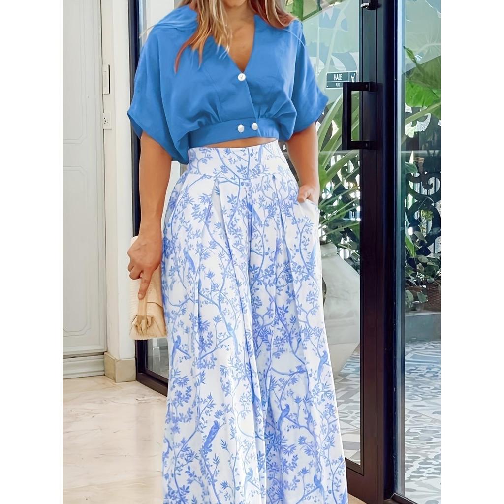 Women's Summer Casual Set Solid Color Shorts Shirt Printed Wide Leg Pants