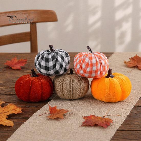 Burlap And Velvet Pumpkins 5 Pcs Fall Fabric Pumpkin Decor, Thanksgiving Farmhouse Stuffed Plaid Decoration, Harvest Small Faux for Home Table