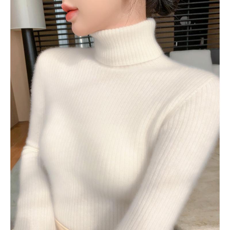 Women's High Neck Cashmere Ribbed Sweater - Slimming, Versatile Knitwear for Autumn and Winter