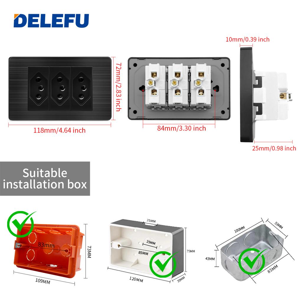 DELEFU Brazilian Model 118 Type 10A/20A Stainless Steel Black Durable PC USB Socket with Type-C 20W Fast Charging