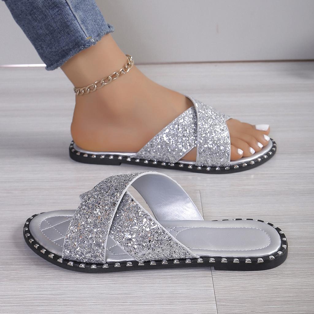 Cross-border European and American Style Silver Cross One-word Sequins Summer New Fashion Women's Large-size Flat Slippers