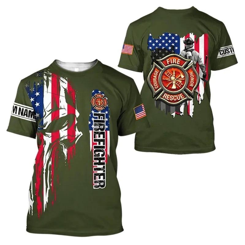 Firefighter Fire Simulation Drill Pattern 3D Print Cross-border New Men's Casual Short-Sleeve T-Shirt Factory Direct Sale