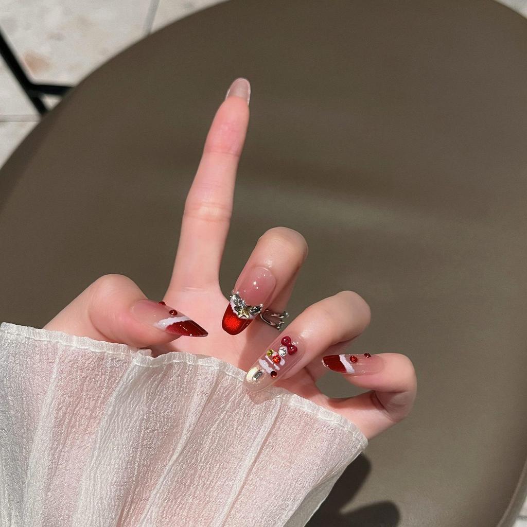 Christmas Red French Short Oval Nails with Bow & Snowflake Design