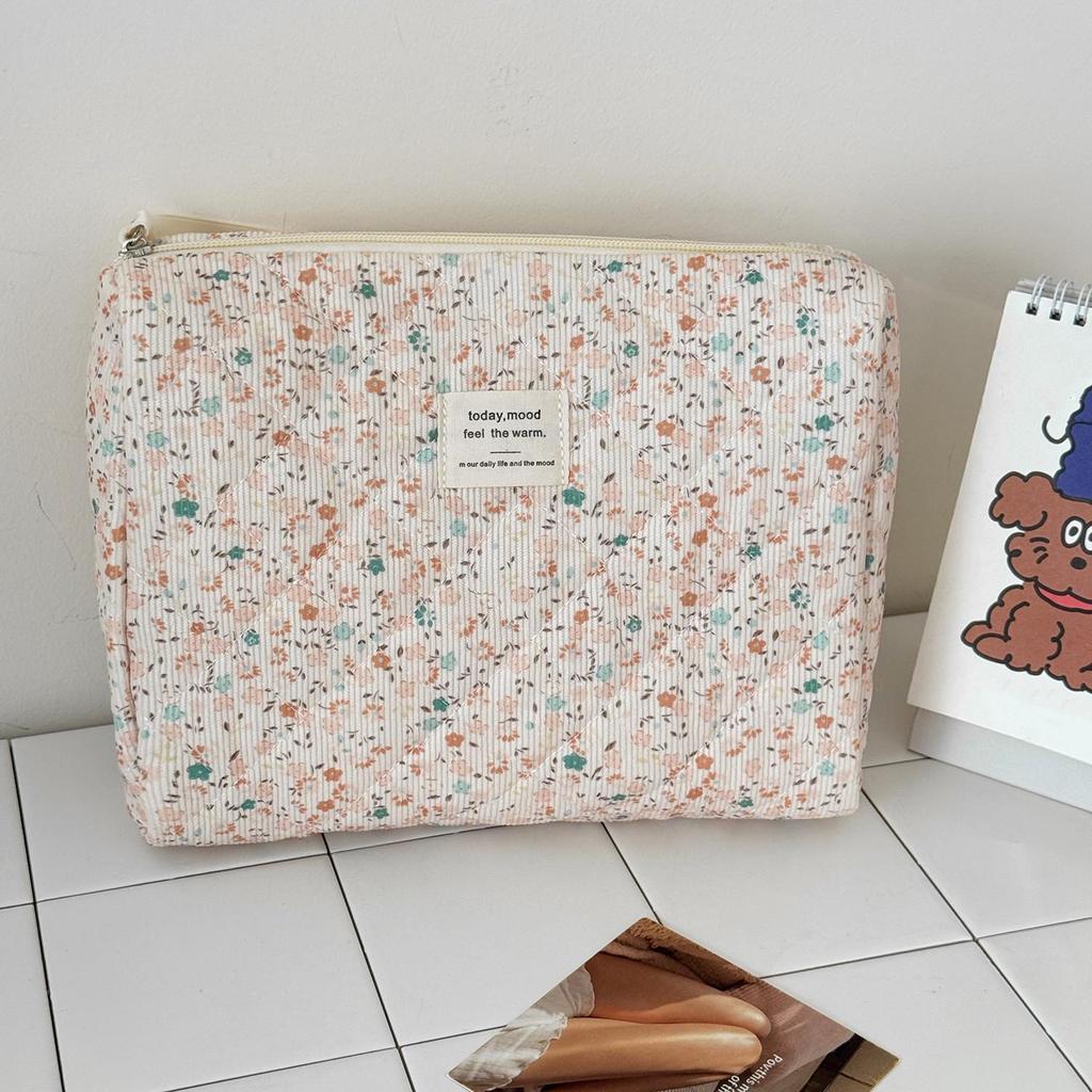 Vintage Floral Corduroy Makeup Bag - Large Capacity, Portable Cosmetic Storage Clutch