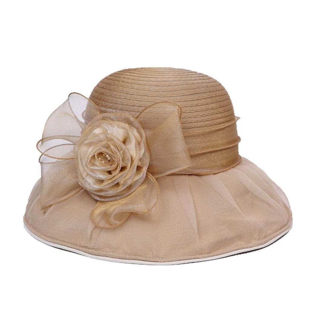 Summer travel visor breathable bucket hat summer ladies foldable sunscreen basin hat organza big flower elegant