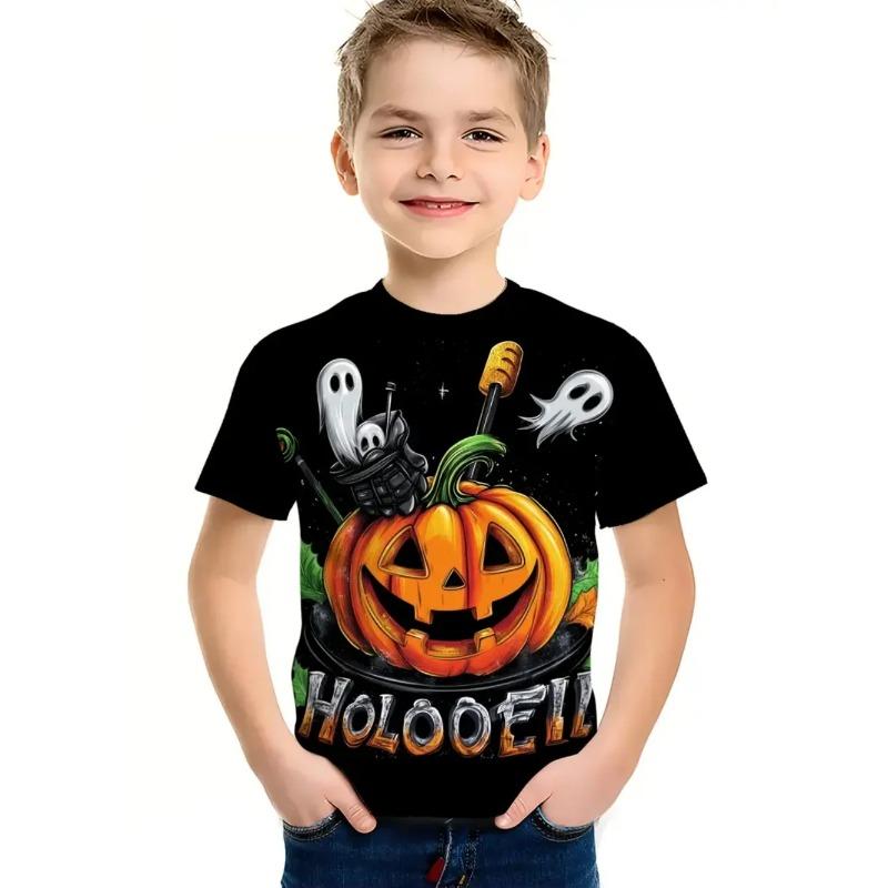 Round Neck 3D Pumpkin Printed Top Fashionable Short Sleeved Children's Boy T-shirts - Soft Medium Stretch Polyester Fabric Summer Relaxed Fit Clothing