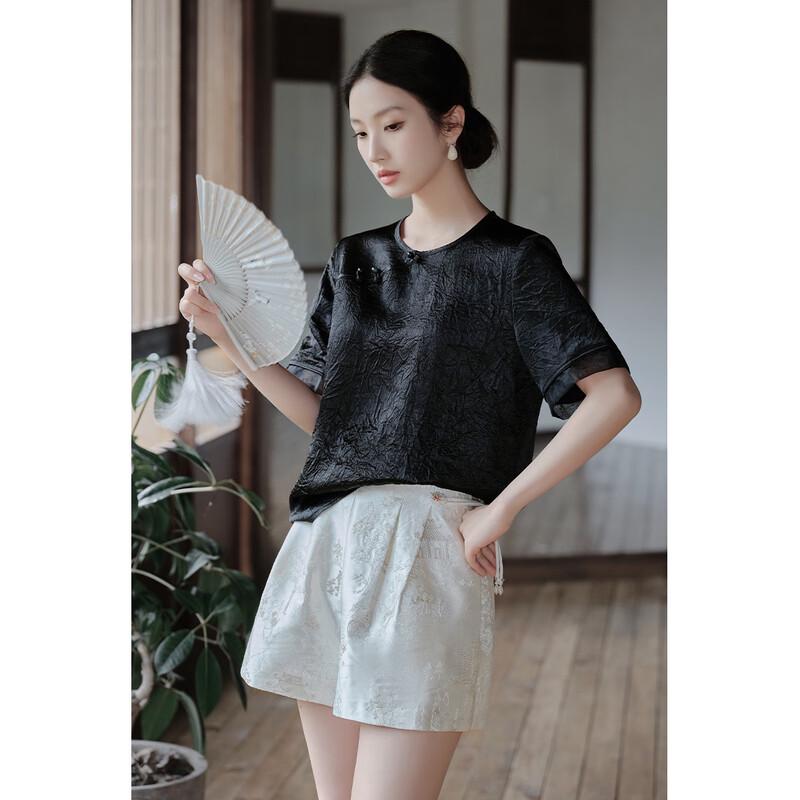 JK&JS New Chinese Style Pleated T-Shirt with Beaded Knot Buttons M