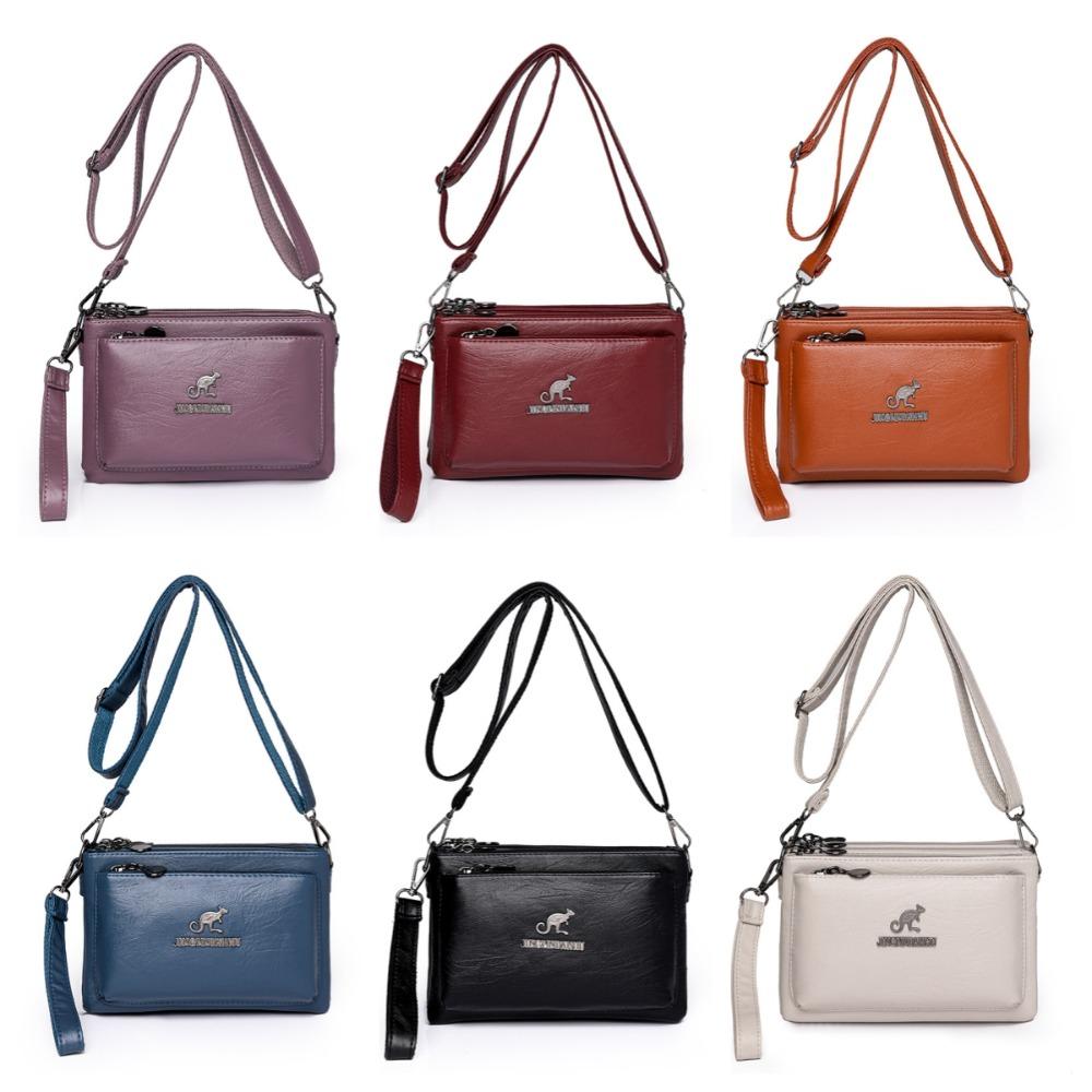 Retro Multiple Zip Pockets Shoulder Bag Soft Square Phone Bag PU Leather Crossbody Bag  Elderly