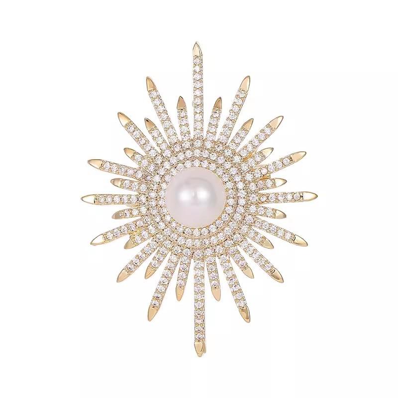 Fashionable and Elegant Brooch, High-end Women's Light Luxury Full Diamond Sunflower Brooch, Elegant Pearl Brooch